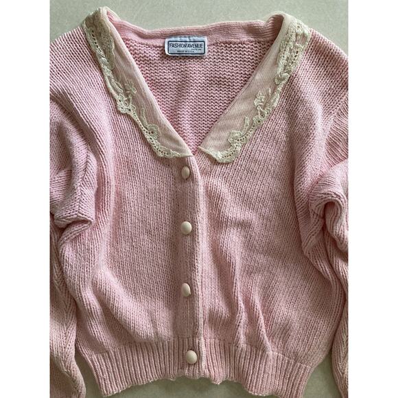 Vintage 80s Lace Collar Coquette Boho Cottage Preppy Pink Cardigan Sweater S - Picture 7 of 8